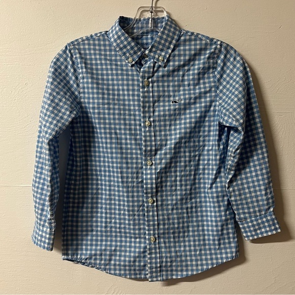 Vineyard Vines Performance Button Down Shirt Blue Gingham Size 7 Boy's Preppy - Picture 1 of 4